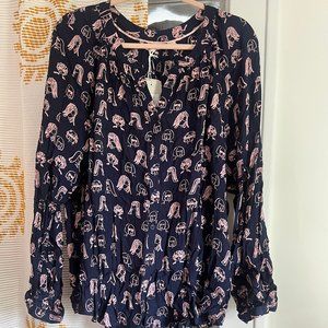 Boden illustrated women blue and pink collarless silk blouse.